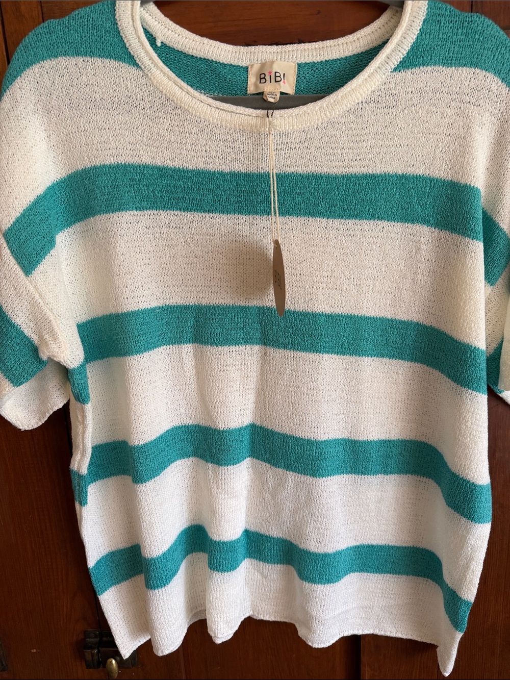 BiBi Teal and White Striped Short-Sleeve Knit Sweater